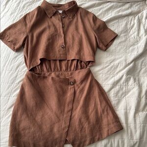 Hevron Brown Linen Two-Piece Dress